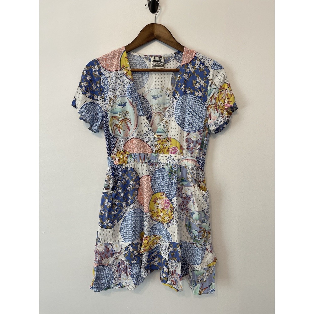 Jaase Women's Patchwork Top Size M Tunic‎ Top Asian Print Boho Artsy Mixed Print